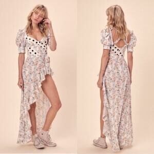 NWT For Love & Lemons Savannah Maxi Dress Size S polkadot floral high low